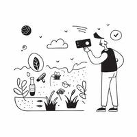 Ecologist with Digital Camera and Wildlife in National Park concept as Long shot of an ecologist using a digital camera to document wildlife in a national park The background feat Cleans vector