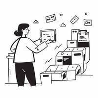 Distribution Coordinator with Shipping Labels and Packing Boxes in High Tech Warehouse concept as Mid shot of a distribution coordinator managing shipping labels and packing boxes Cleans vector