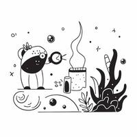 Diver with Diving Gear and Flashlight in Fantasy Ocean concept as Mid shot of a diver with diving gear and flashlight exploring a fantasy ocean The scene includes glowing aquatic Cleans Set 2 vector