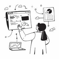 Data Scientist with Laptop and Financial Models in High Tech Lab concept as Long shot of a data scientist using a laptop and analyzing financial models in a high tech lab The back Cleans vector