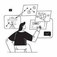 Data analyst using machine learning for social media predictions concept as A data analyst in a tech lab using machine learning for social media predictions on multiple screens hig Cleans vector