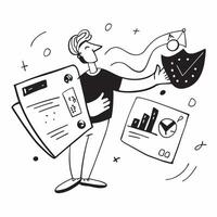 Data Analyst with Shield and Data Report concept as An image of a data analyst with a shield and data report set against a whimsical background offering ample space for text or gra Cleans vector