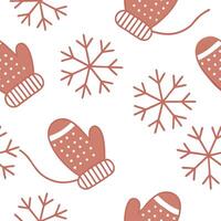 Cozy winter seamless tile pattern with knitted mittens and snowflakes for warm home interiors concept as Knitted mittens and snowflakes arranged seamlessly to create warm and cozy Cleans vector