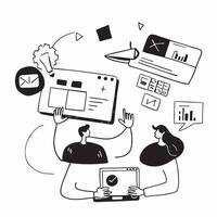 Cross functional team collaborating on a project concept as A illustration of a cross functional team collaborating on a project using digital tools and charts with an 8 col Cleans Set 2 vector