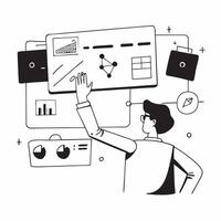 Credit Analyst with Digital Tools and Financial Models in Futuristic Office concept as Long shot of a credit analyst using digital tools and reviewing financial models in a futuris Cleans vector