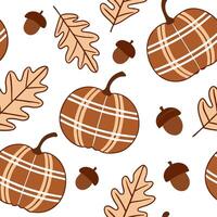 Cozy autumn seamless pattern with plaid pumpkins and acorns for a comfortable fall vibe concept as Comfortable autumn pattern with plaid pumpkins and acorns perfect for a cozy fall Cleans vector