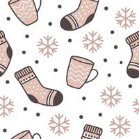 Cozy winter seamless pattern with wool socks hot drinks and cozy mittens for a warm seasonal escape concept as Warm winter pattern with wool socks hot drinks and mittens for a cozy Cleans vector