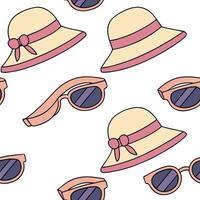 Cool summer seamless tile pattern with sunglasses and beach hats for stylish vacation spots concept as Sunglasses and beach hats in a seamless pattern for a stylish and fashionable Cleans vector