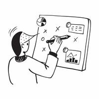 Consultant with Strategy Diagram and Report concept as A consultant creating a strategy diagram and reviewing a report set against a whimsical background offering ample space for t Cleans vector