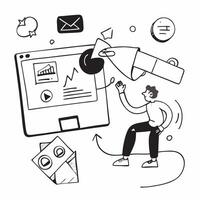 Content creator using analytics to optimize social media posts concept as A content creator in a studio using analytics tools on a computer to optimize social media posts highlight Cleans vector