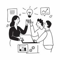 Colleagues in a brainstorming session in a creative office concept as A illustration of colleagues in a brainstorming session in a creative office using a 3 color palette to Cleans vector