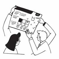 Colleagues reviewing project timelines in a team meeting concept as A illustration of colleagues reviewing project timelines in a team meeting featuring a 3 color palette to Cleans vector