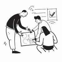 Colleagues working on a business proposal in a meeting concept as A illustration of colleagues working on a business proposal in a meeting using a 3 color scheme to highligh Cleans vector