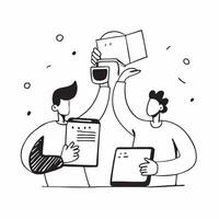 Collaborators with Laptops and Coffee Cups concept as Two collaborators working with laptops and holding coffee cups set against a dreamy background offering ample space for text o Cleans vector