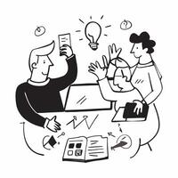 Colleagues in a brainstorming session in a creative office concept as A illustration of colleagues in a brainstorming session in a creative office using a 3 color palette to Cleans Set 2 vector