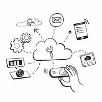 Cloud computing with SaaS applications and app icons concept as illustration of cloud computing with various SaaS Software as a Service applications featuring app icons high Cleans vector