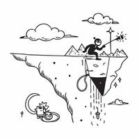 Climber with Helmet and Rope on Floating Cliff concept as Wide shot of a climber with a helmet and rope ascending a floating cliff The surreal landscape includes mystical clouds a Cleans vector