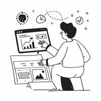 Climate Data Analyst with Laptop and Global Temperature Trends in Office concept as Long shot of a climate data analyst using a laptop to review global temperature trends in an off Cleans vector
