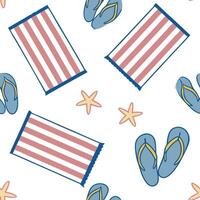 Classic summer seamless pattern with striped beach towels and flip flops for relaxed beach vibes concept as Striped beach towels and flip flops arranged in a seamless pattern for c Cleans vector