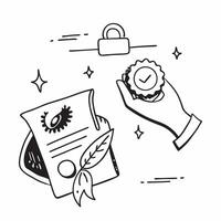 Cleans Food Handling with Certificate and ISO Badge concept as Cleans food handling practices with a certificate and an ISO badge set against a whimsical background offering ample sp Cleans vector