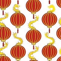 Chinese lanterns and dragons seamless tile pattern with vibrant reds and golds for festive decor concept as Vibrant red lanterns and golden dragons arranged seamlessly for festive Cleans vector