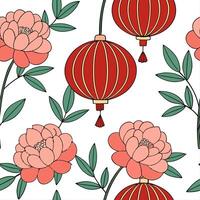Chinese lanterns and peonies seamless tile pattern with vibrant reds and lush pinks for festive decor concept as Vibrant red lanterns and lush pink peonies arranged seamlessly for Cleans vector