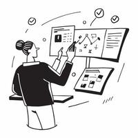 Chief Investment Officer with Digital Portfolio and Financial Charts in High Tech Office concept as Mid shot of a chief investment officer using a digital portfolio and reviewing f Cleans Set 2 vector