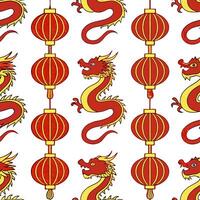 Chinese dragons and lanterns seamless tile pattern with vibrant reds and golds for festive Chinese decor concept as Vibrant red dragons and golden lanterns arranged seamlessly for Cleans vector