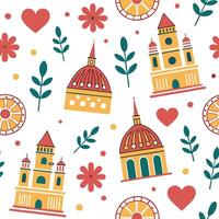 Charming local landmarks and traditional symbols seamless tile pattern with vibrant colors concept as Vibrant colors highlight charming local landmarks and traditional symbols in s Cleans vector