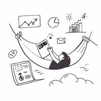 CEO relaxing in a hammock with a tablet concept as A CEO relaxing in a hammock with a tablet browsing social media insights emphasizing relaxation and innovative thinking in leader Cleans vector