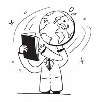 CEO with Blueprint and Globe concept as A CEO holding a blueprint and a globe set against a whimsical background offering ample space for text or graphics symbolizing global busine Cleans vector