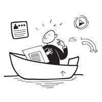 CEO enjoying a relaxing boat ride with a tablet concept as A CEO enjoying a relaxing boat ride with a tablet browsing social media insights emphasizing relaxation and innovative le Cleans vector