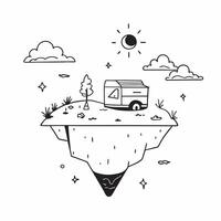 Camper with Tent and Lantern on Floating Island concept as Wide shot of a camper with a tent and lantern on a floating island The surreal landscape includes mystical clouds and vi Cleans vector