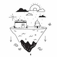 Camper with Campfire and Tent on Floating Island concept as Long shot of a camper with a campfire and tent on a floating island The surreal landscape includes mystical clouds and Cleans vector