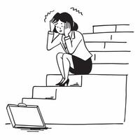 Businesswoman sitting on office stairs head in hands looking defeated concept as A businesswoman in formal attire sitting on the stairs of an office building head in hands appearin Cleans vector