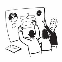 Business team planning next quarters strategy in a meeting concept as A illustration of a business team planning next quarters strategy in a meeting using a 3 color scheme t Cleans vector