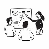 Business team planning next quarters strategy in a meeting concept as A illustration of a business team planning next quarters strategy in a meeting using a 3 color scheme t Cleans Set 2 vector
