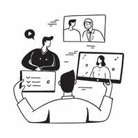 Business team having a conference meeting concept as A illustration of a business team having a conference meeting using a 3 color scheme to highlight remote col Cleans Set 2 vector