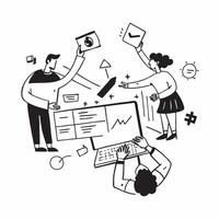 Business team collaborating on an e commerce strategy concept as A illustration of a business team collaborating on an e commerce strategy using laptops and digital tools wi Cleans Set 2 vector