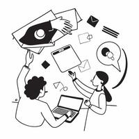 Business team collaborating on a customer engagement strategy concept as A illustration of a business team collaborating on a customer engagement strategy using laptops and Cleans vector