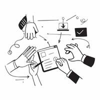 Business team collaborating on a digital transformation project concept as A illustration of a business team collaborating on a digital transformation project using laptops Cleans Set 2 vector