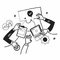 Business team collaborating on a customer engagement strategy concept as A illustration of a business team collaborating on a customer engagement strategy using laptops and Cleans Set 3 vector