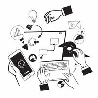 Business team collaborating on a digital transformation project concept as A illustration of a business team collaborating on a digital transformation project using laptops Cleans vector