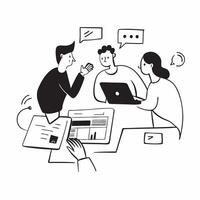 Business team collaborating on a customer engagement strategy concept as A illustration of a business team collaborating on a customer engagement strategy using laptops and Cleans Set 2 vector