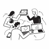 Business team collaborating on a customer engagement strategy concept as A illustration of a business team collaborating on a customer engagement strategy using laptops and Cleans Set 4 vector