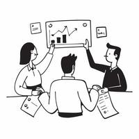 Business team analyzing data in a meeting room concept as A illustration of a business team analyzing data in a meeting room using a 3 color scheme to highlight analytical t Cleans Set 2 vector