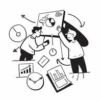 Business partners working on a project concept as A illustration of business partners working on a project together using charts and graphs with an 8 color palette to highli Cleans vector