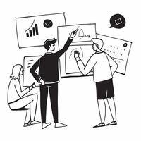 Business leaders collaborating on strategy development concept as A illustration of business leaders collaborating on strategy development using digital whiteboards and char Cleans Set 2 vector