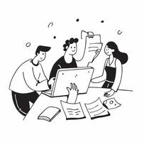 Business Development Team with Blueprints and Laptops concept as A business development team reviewing blueprints and using laptops set against a whimsical background offering ampl Cleans vector