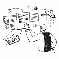 Business Analyst with Reports and Charts in High Tech Office concept as Long shot of a business analyst with reports and charts in a high tech office The scene includes digital in Cleans vector